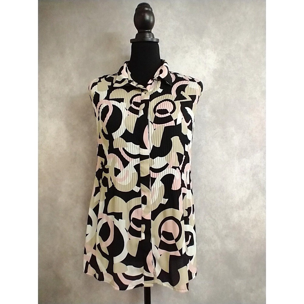 NY Collection Womens Sleeveless Blouse Crinkle Fabric Black/Pink Retro L‎ / XL